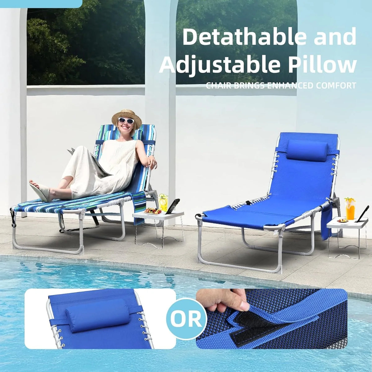 3-IN-1 Outdoor Sun Tanning Lounge Chair with Face Hole - 5-POSITION Recliner, Folding Side Table & Removable Pillow, 330LBS Capacity, Blue