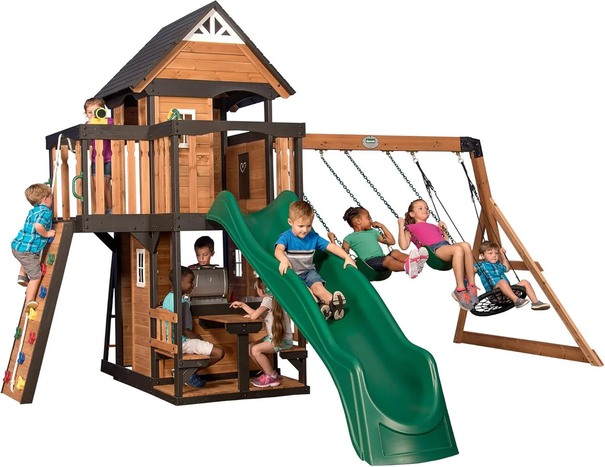 Canyon Creek Cedar Wood Swing Set with Wave Slide, Clubhouse, Play Kitchen, Picnic Area, Belt Swings, Web Swing, Rock Wall, Balconies,…