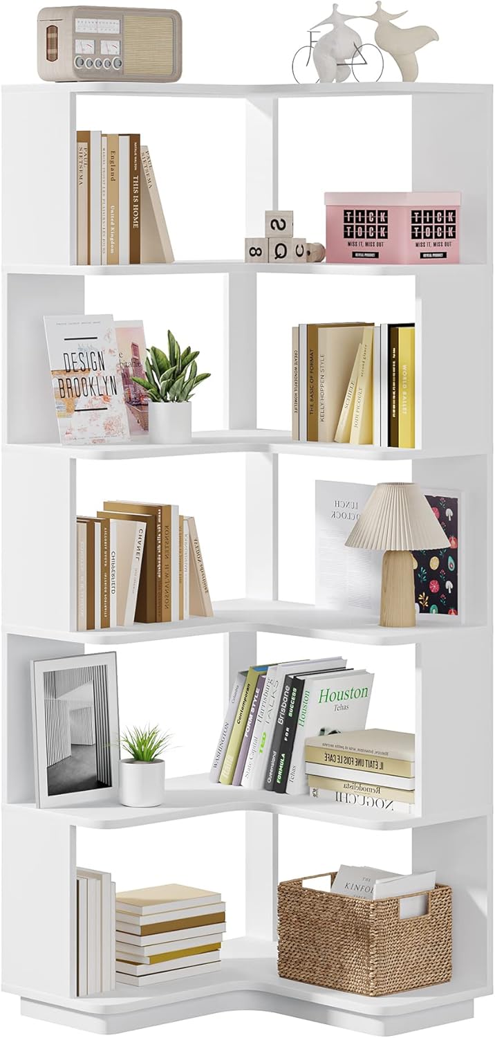64.9-Inch Six-Tier Corner Bookshelf, White