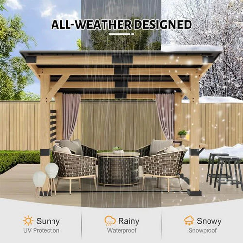 10X12FT] Heavy Duty Premium Outdoor All-season Wooden Cedar Hardtop Gazebo with Metal Roof & Back Curtains