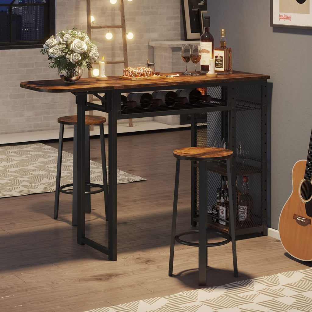 Expandable Bar Table Set with Two Stools and Wine Rack, Rustic Brown