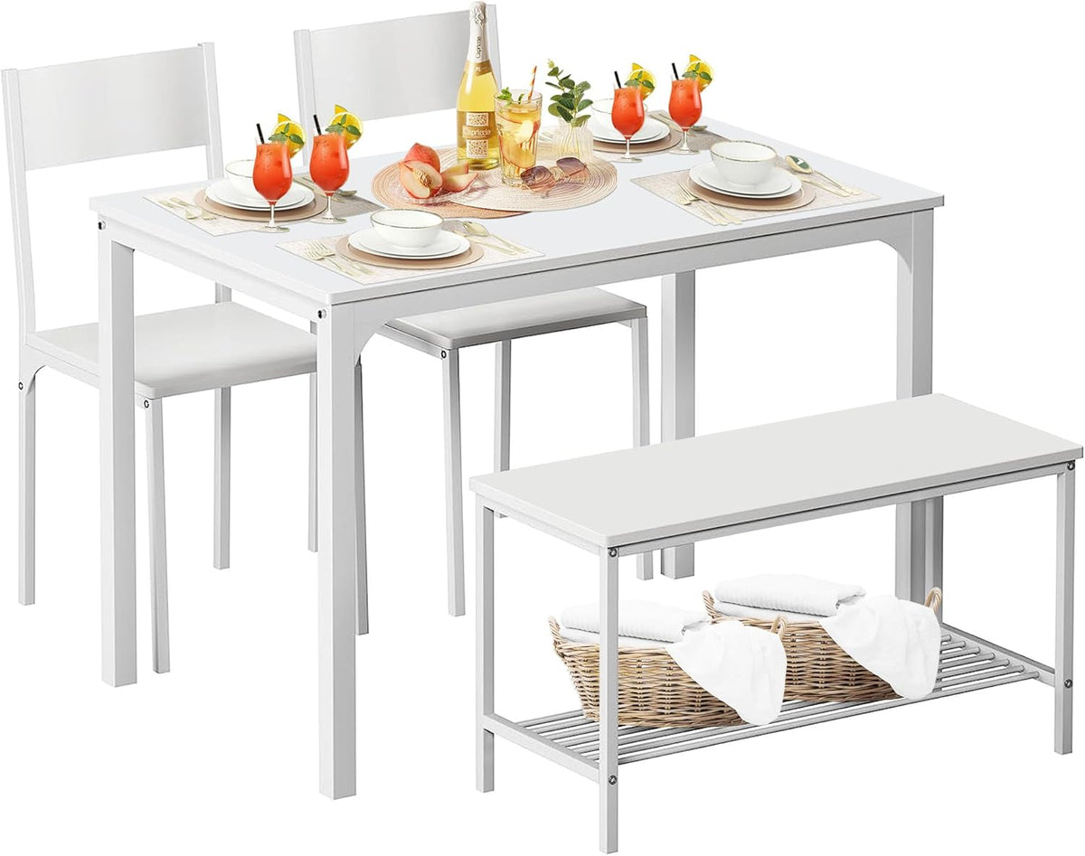 4-Piece Dining Set with Two Chairs and Bench, White