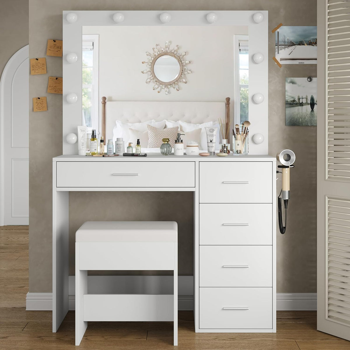37-Inch Makeup Vanity with Lighted Mirror and 5 Drawers