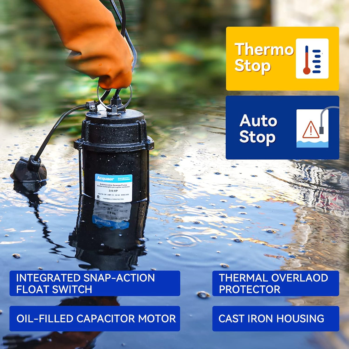 3/4 HP Submersible Sewage Pump, 6,400 GPH with Float Switch
