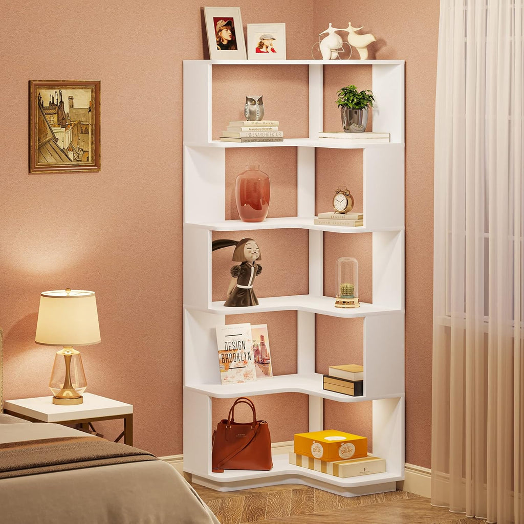 64.9-Inch Six-Tier Corner Bookshelf, White