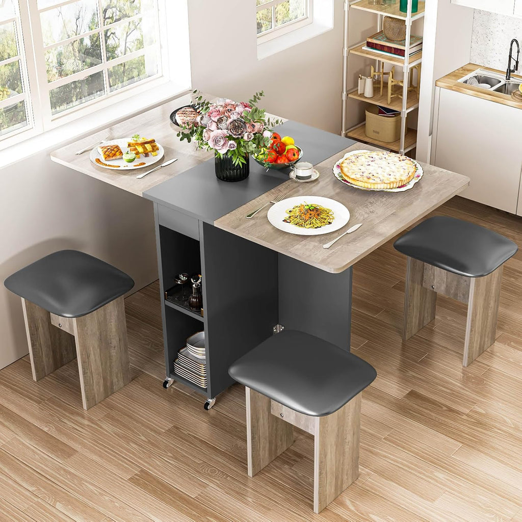 Folding Dining Table Set with 4 Chairs and Wheels