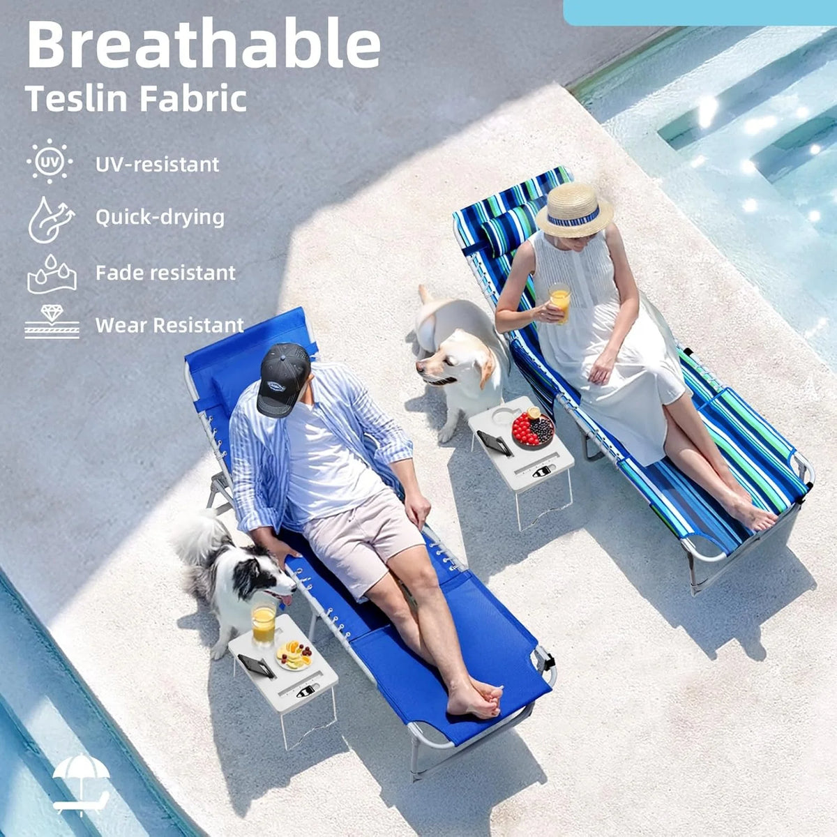 3-IN-1 Outdoor Sun Tanning Lounge Chair with Face Hole - 5-POSITION Recliner, Folding Side Table & Removable Pillow, 330LBS Capacity, Blue