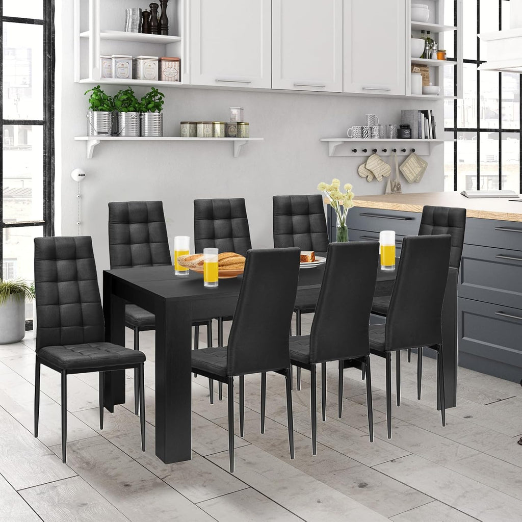9-Piece Dining Set with Rectangular Table and Eight Upholstered Chairs, Black