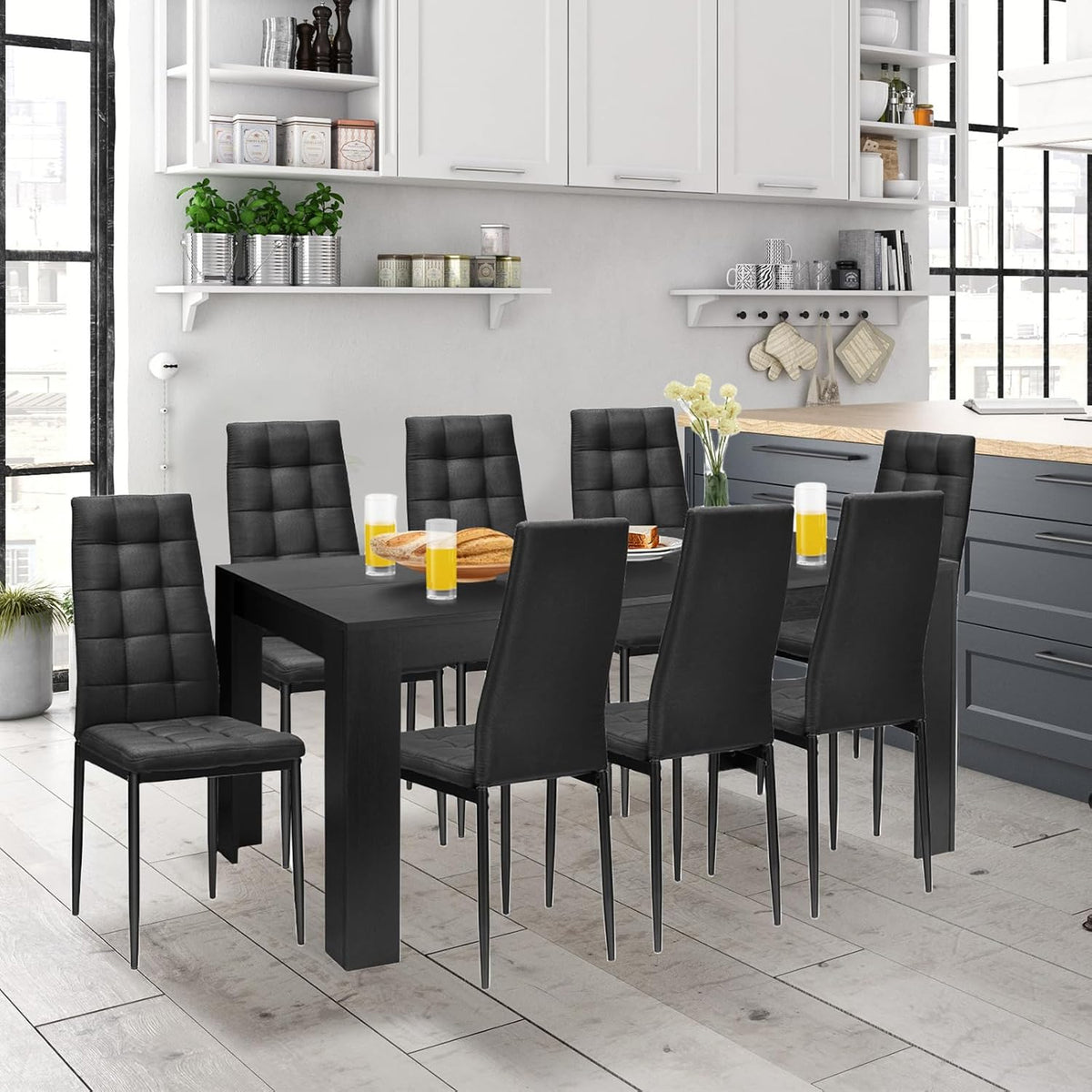 9-Piece Dining Set with Rectangular Table and Eight Upholstered Chairs, Black