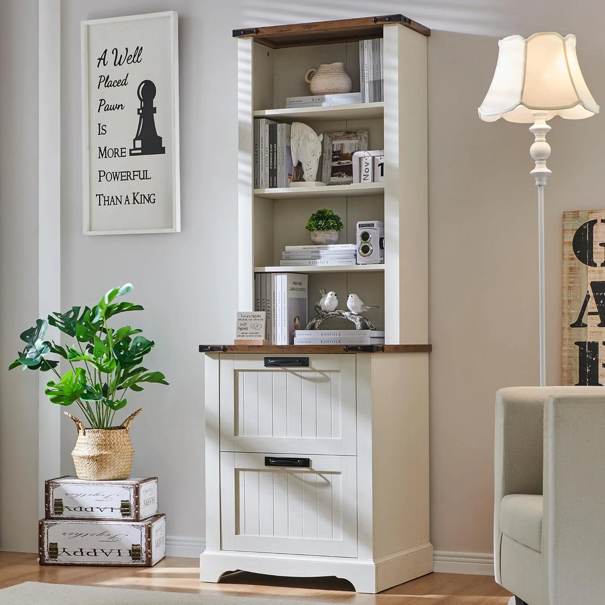 Bookcase with 2 File Drawers, 72" Tall Farmhouse Bookshelf with Storage and Adjustable Shelves, 4 Tier Rustic Wood Bookshelf with Cabinet…