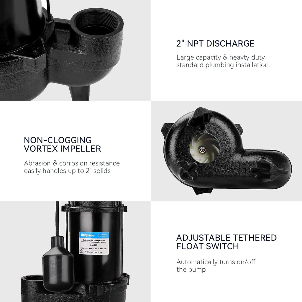 3/4 HP Submersible Sewage Pump, 6,400 GPH with Float Switch