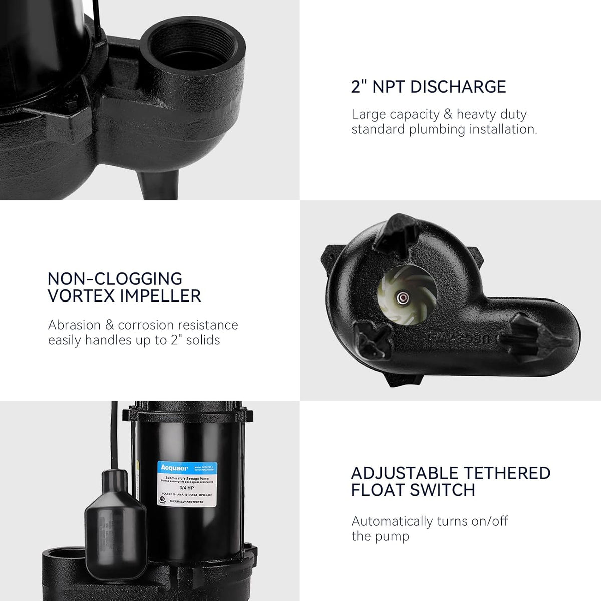 3/4 HP Submersible Sewage Pump, 6,400 GPH with Float Switch
