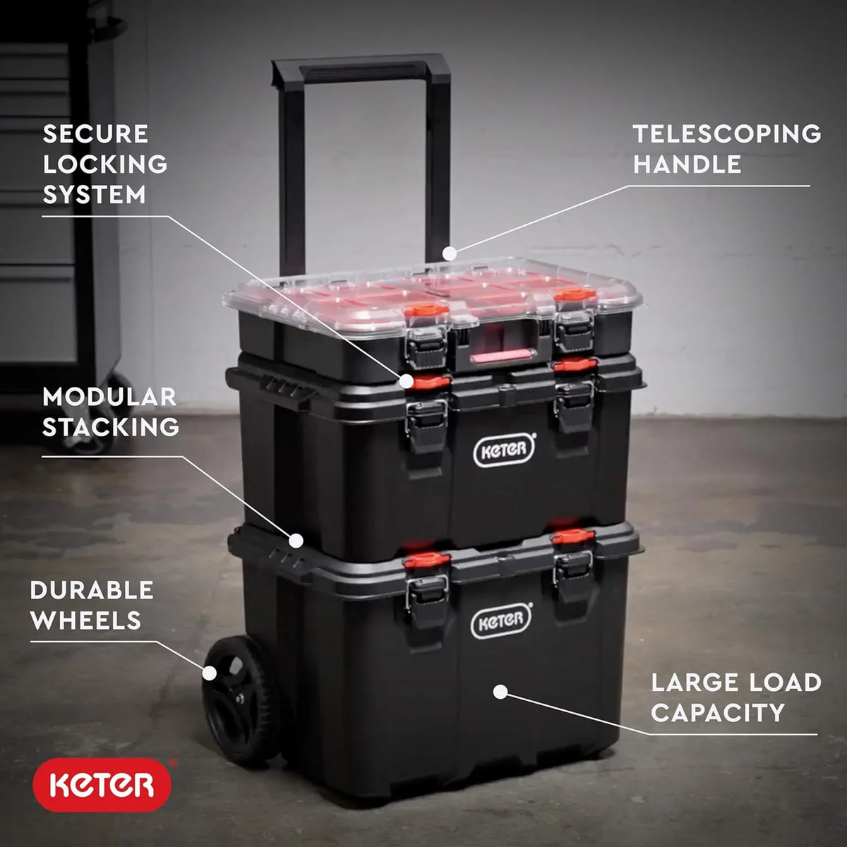 Modular Tools Organizer for Garage Storage and DIY, 3 Piece Resin Rolling Tool Box System for Small Parts