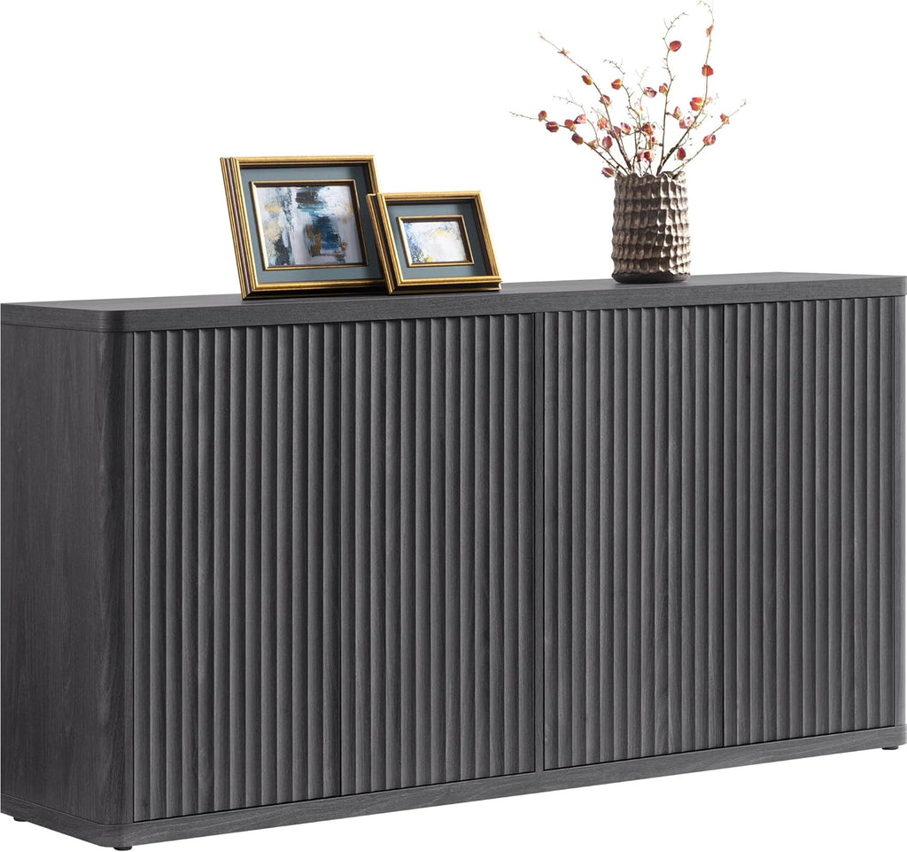 66.3-Inch Four-Door Fluted Buffet Cabinet, Dark Gray Alder