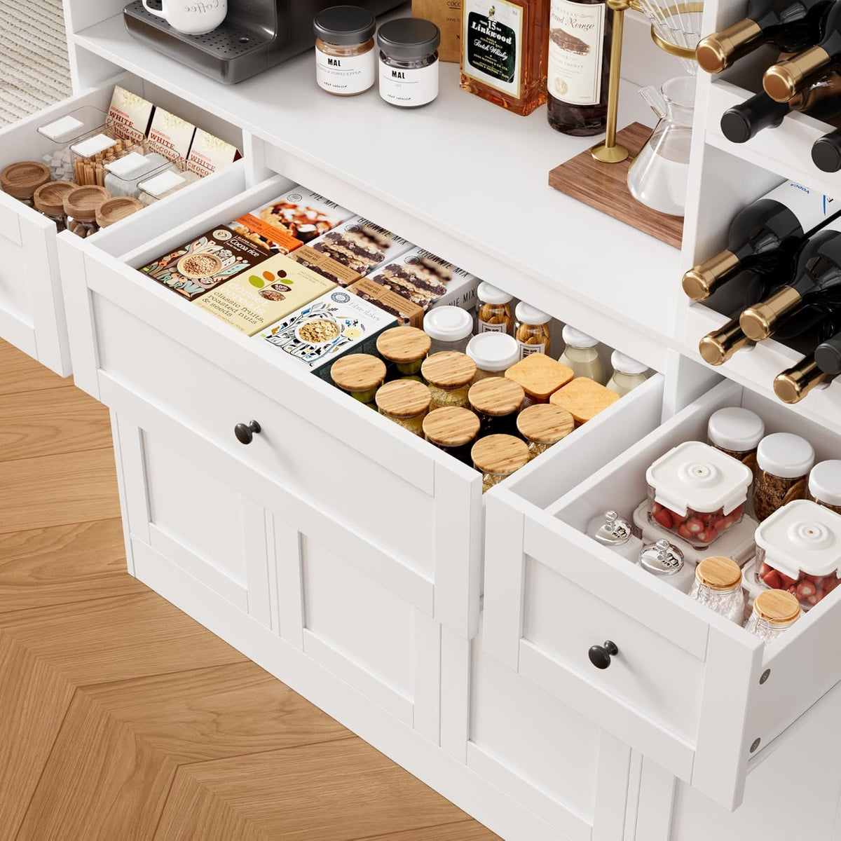 72-Inch Kitchen Pantry with Wine Rack and Microwave Space, White