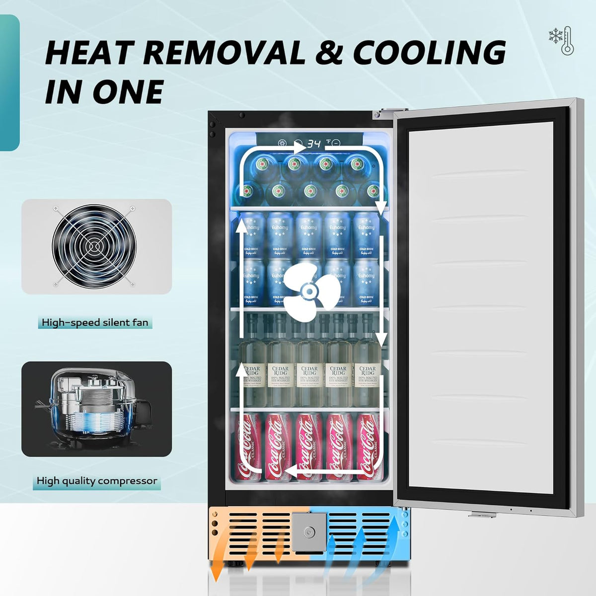 15-Inch Undercounter Beverage Refrigerator with Stainless Steel Door