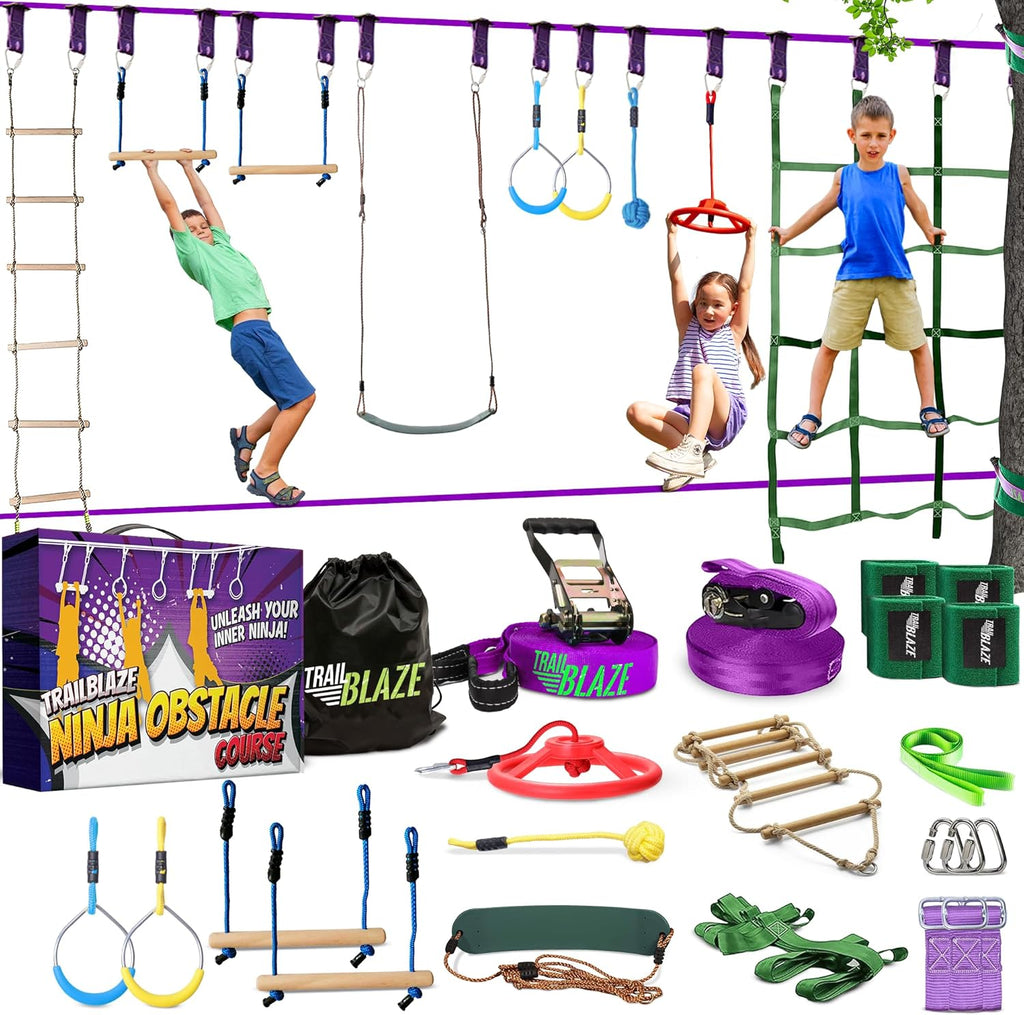 Kids' Outdoor Obstacle Course with Slacklines and Rope Ladder