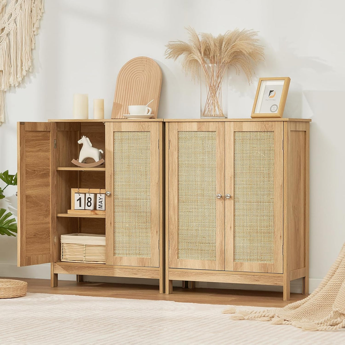 Freestanding Storage Cabinet with Rattan Doors and Adjustable Shelf