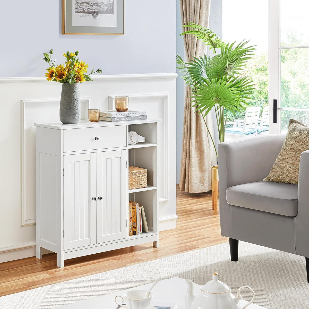 Freestanding Storage Cabinet with Doors, Drawer and Adjustable Shelves