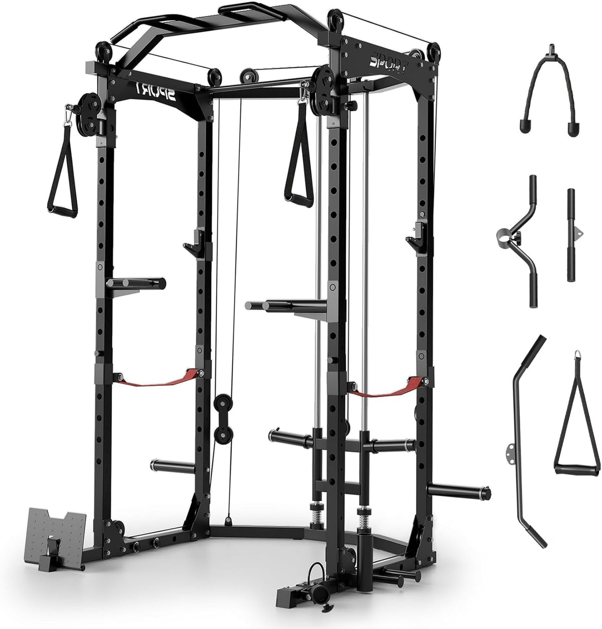 Adjustable Power Cage with Dual Pulley Cable System