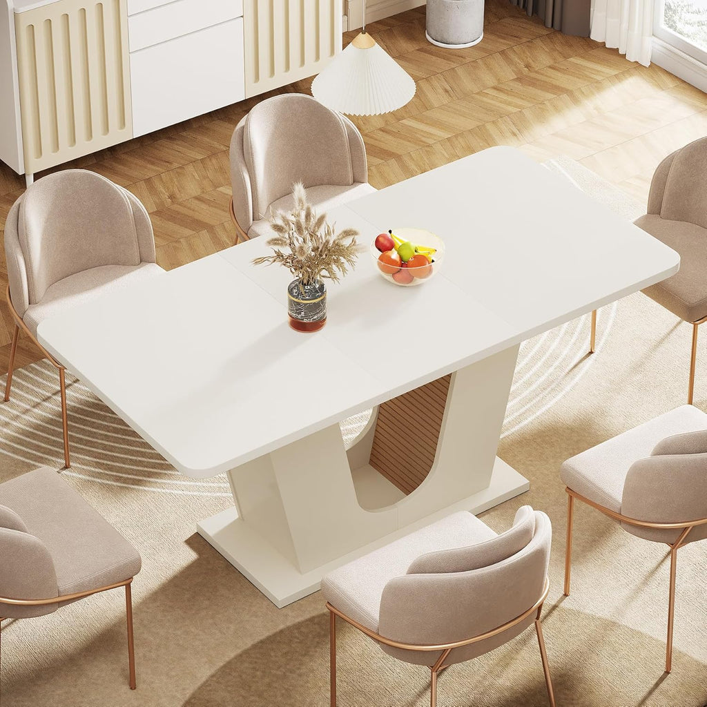 55-Inch Rectangular Dining Table with U-Shaped Base, Cream White