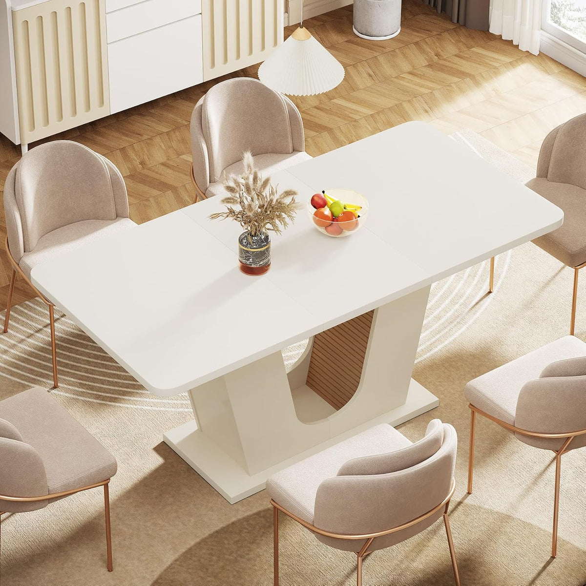 55-Inch Rectangular Dining Table with U-Shaped Base, Cream White