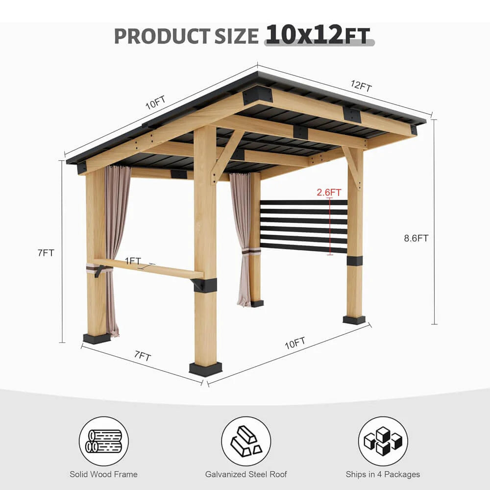 10X12FT] Heavy Duty Premium Outdoor All-season Wooden Cedar Hardtop Gazebo with Metal Roof & Back Curtains