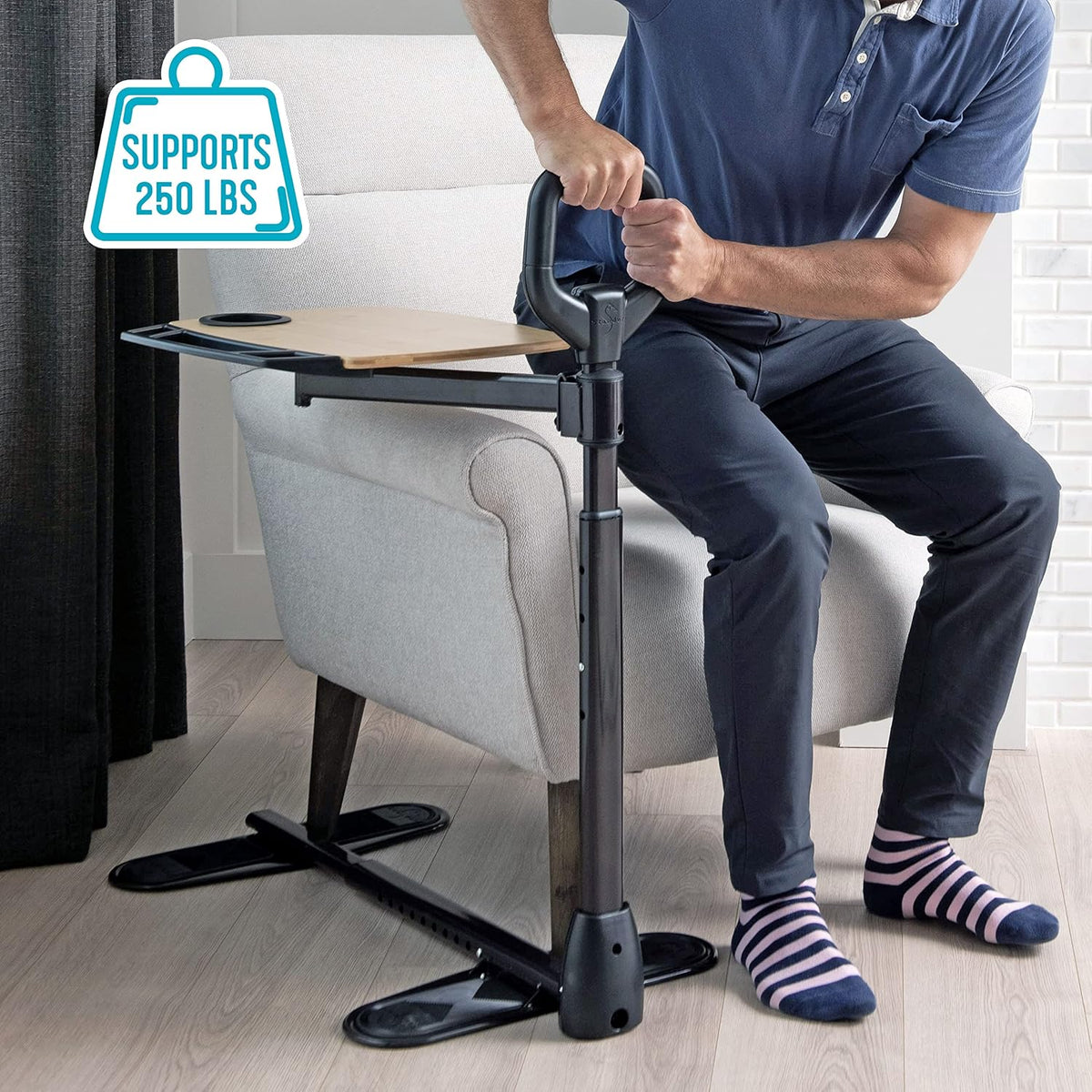 Adjustable Bamboo Swivel Tray Table with Standing Assist Handle