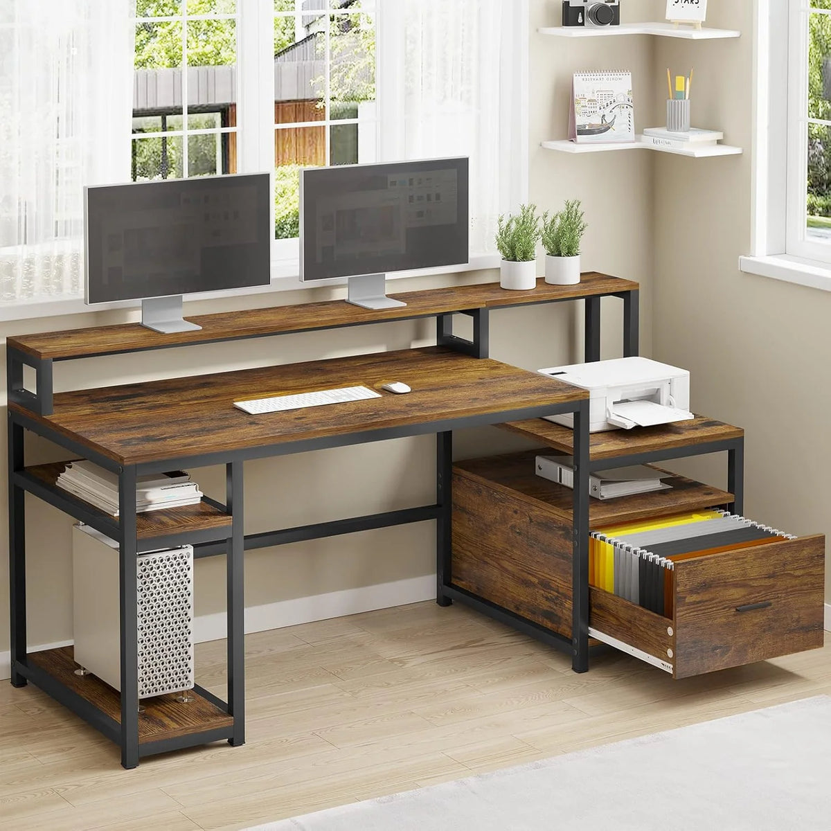 White Computer Desk with 5 Drawer & Power Outlet, 66'' Home Office Desk with File Drawer, Storage Shelves, Printer Cabinet and Monitor…