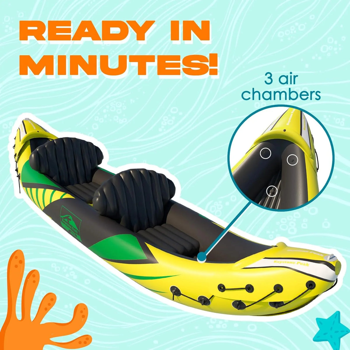 Kp Inflatable Kayak 2 Person with Sun Canopy Detachable Kayaks for Adults 3RD Seat for Dog Child Waterproof Phone Bags Adjustable