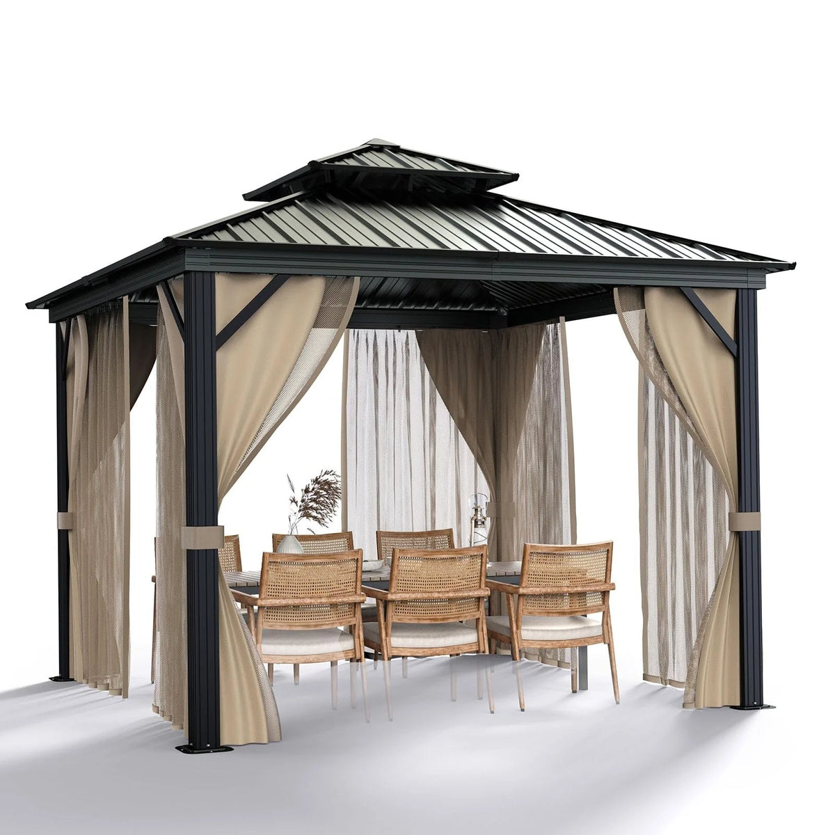 10'X10′ Hardtop Gazebo with Double Metal Roof, Aluminum Frame, Net, and Curtain. All-weather, Ideal for Patio, Deck, Garden, Backyard. Khaki