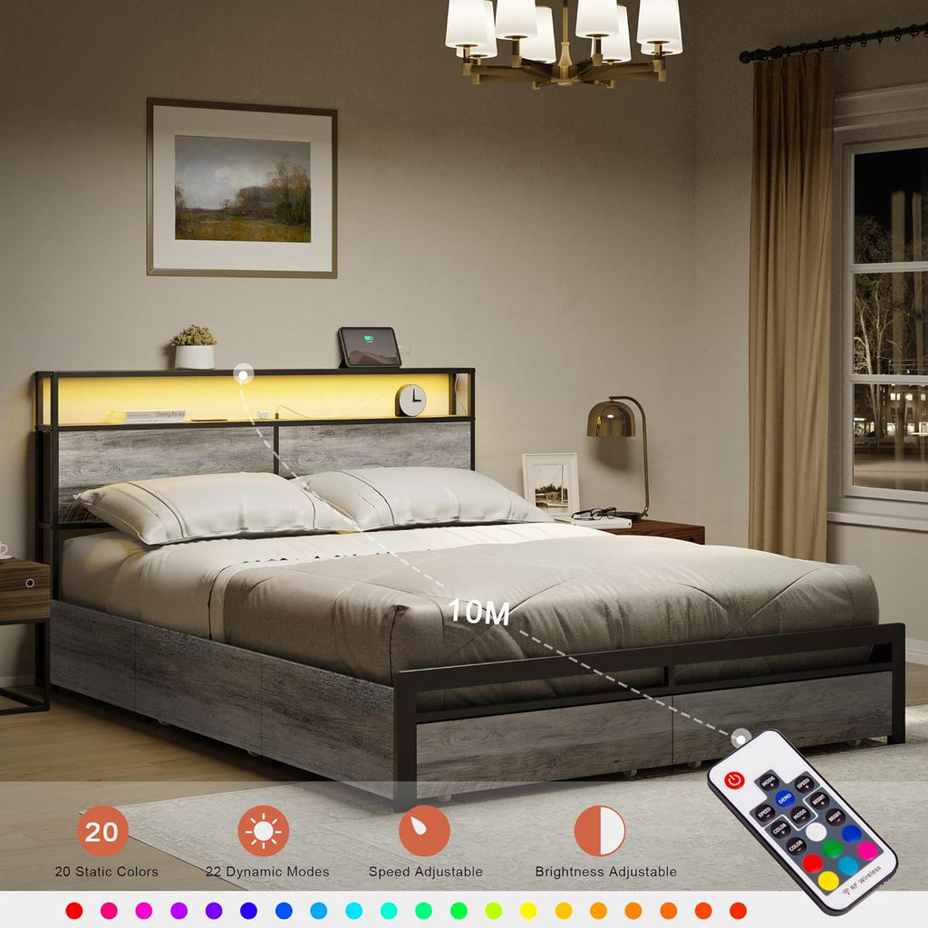 Queen Bed Frame with Storage Headboard, 4 Drawers and LED Lights