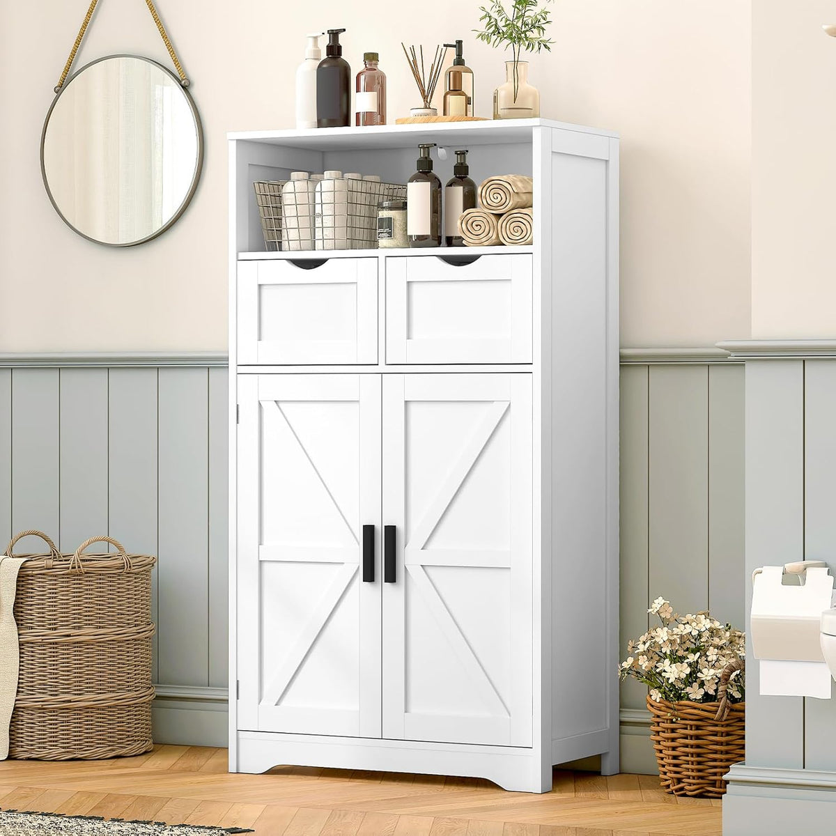 Freestanding Storage Cabinet with 2 Drawers and Barn Doors
