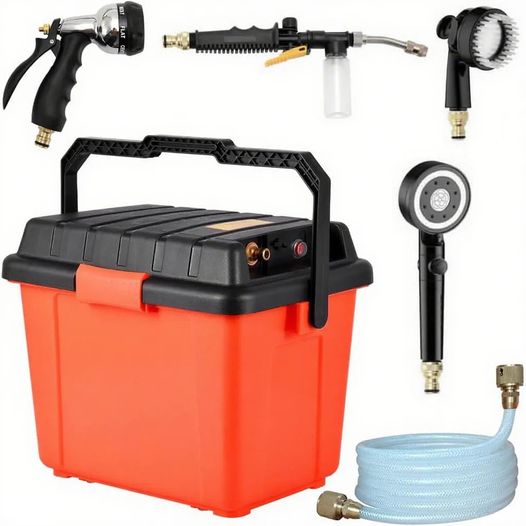 Portable Outdoor Shower System, 6.6-GALLON, High Pressure, Battery Powered, 12000MAH, with Pump & Garden Hose Nozzles, Ideal for Camping