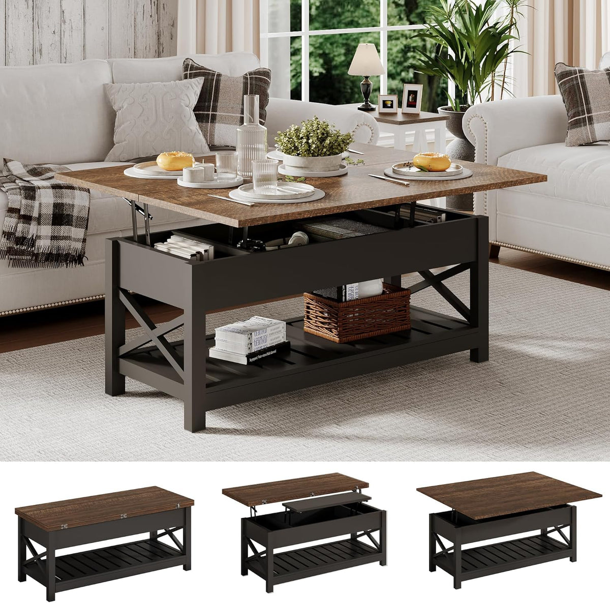 Convertible Coffee-to-Dining Table with Storage, White and Brown