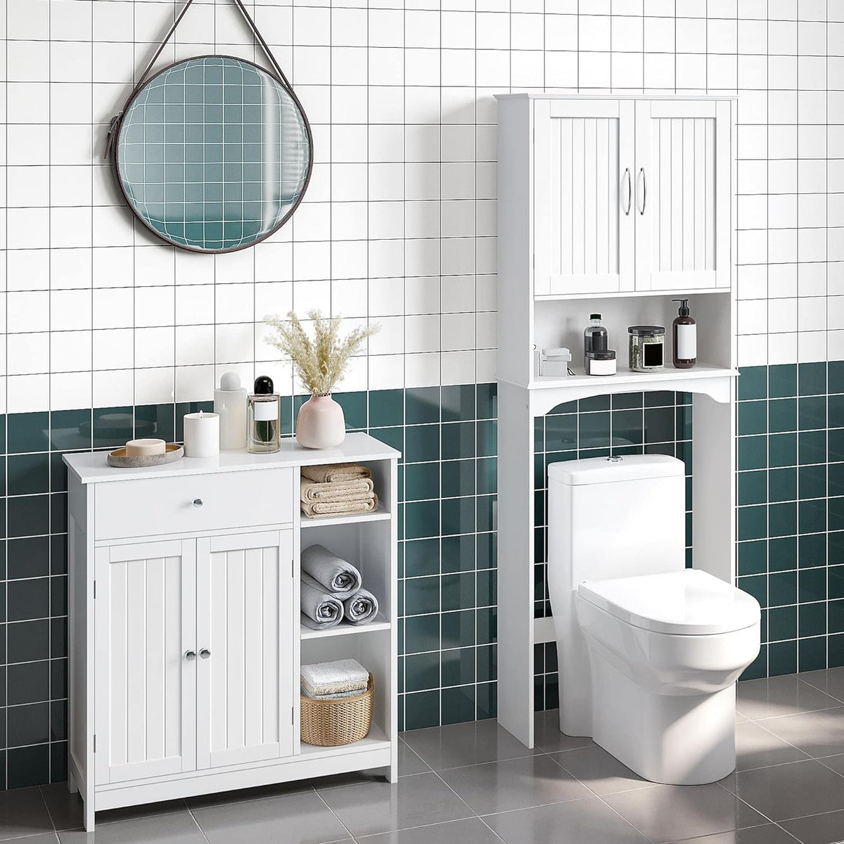 Freestanding Storage Cabinet with Doors, Drawer and Adjustable Shelves