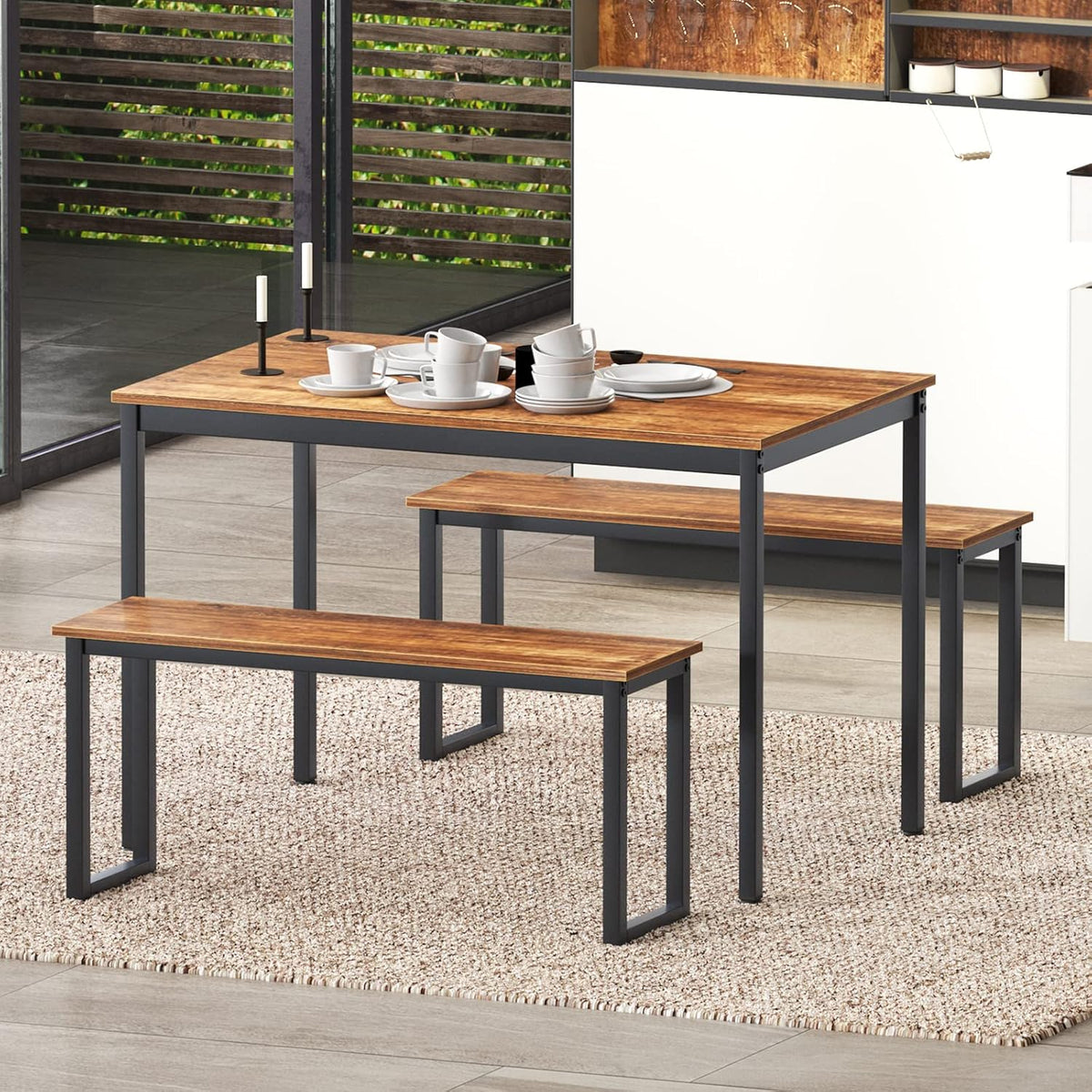 3-Piece Dining Table Set with 2 Benches