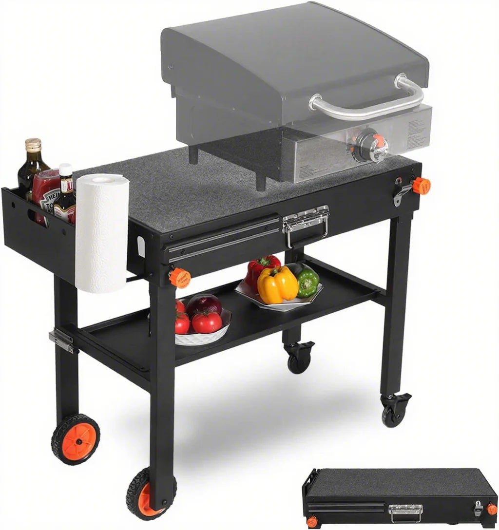 Portable Outdoor Grill Table, Folding Grill Cart Solid and Sturdy, Griddle Stand Large Space Table with Paper Towel Holder, Grill Stand for…