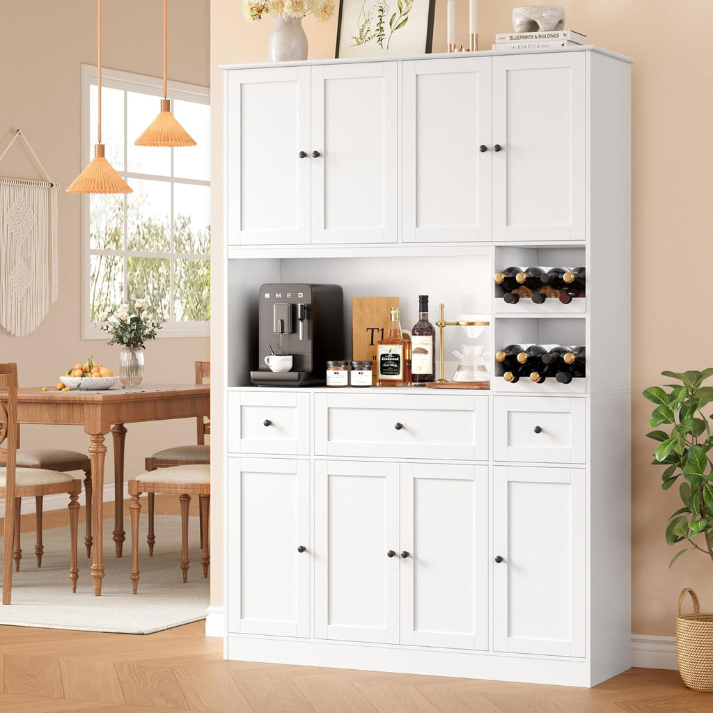 72-Inch Kitchen Pantry with Wine Rack and Microwave Space, White