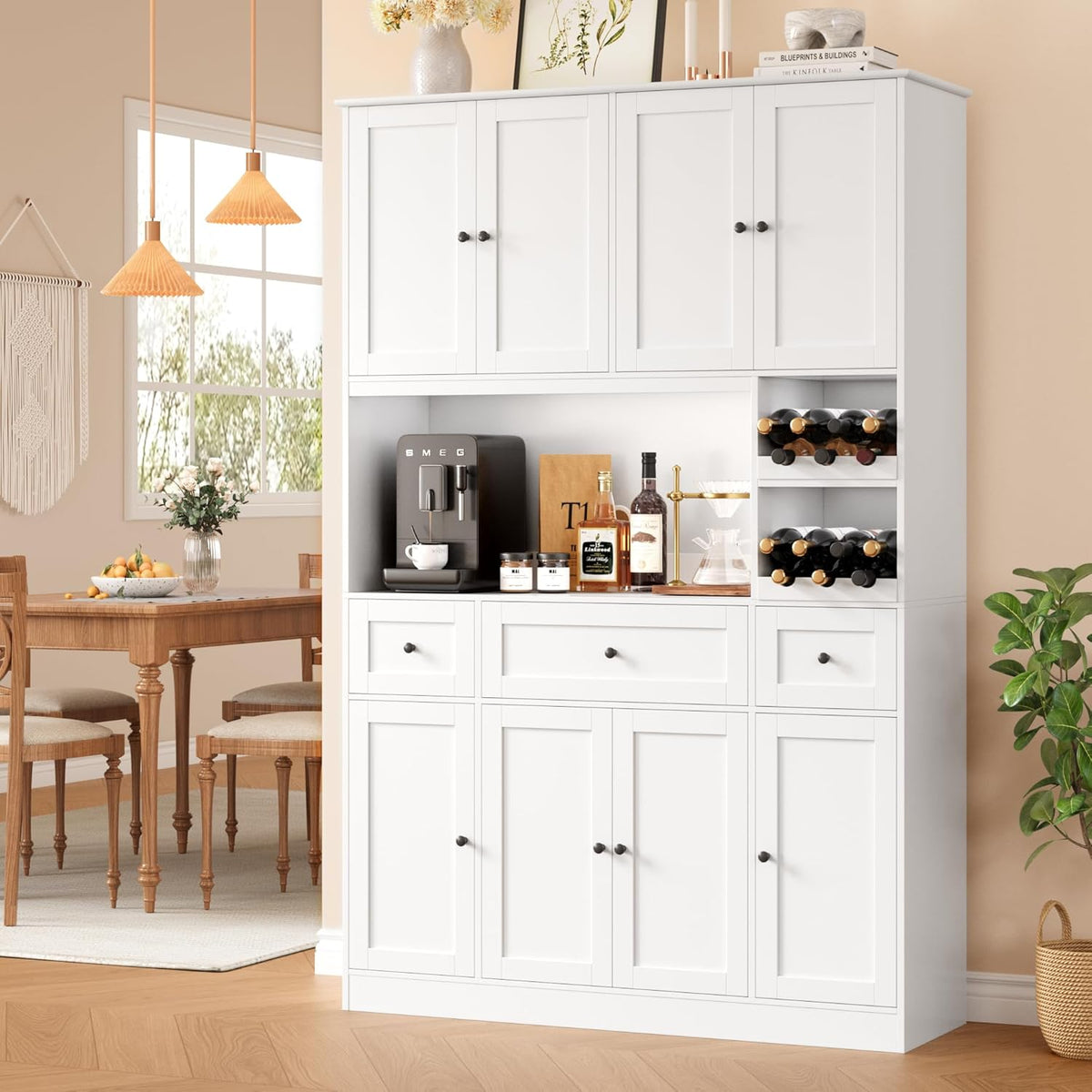 72-Inch Kitchen Pantry with Wine Rack and Microwave Space, White