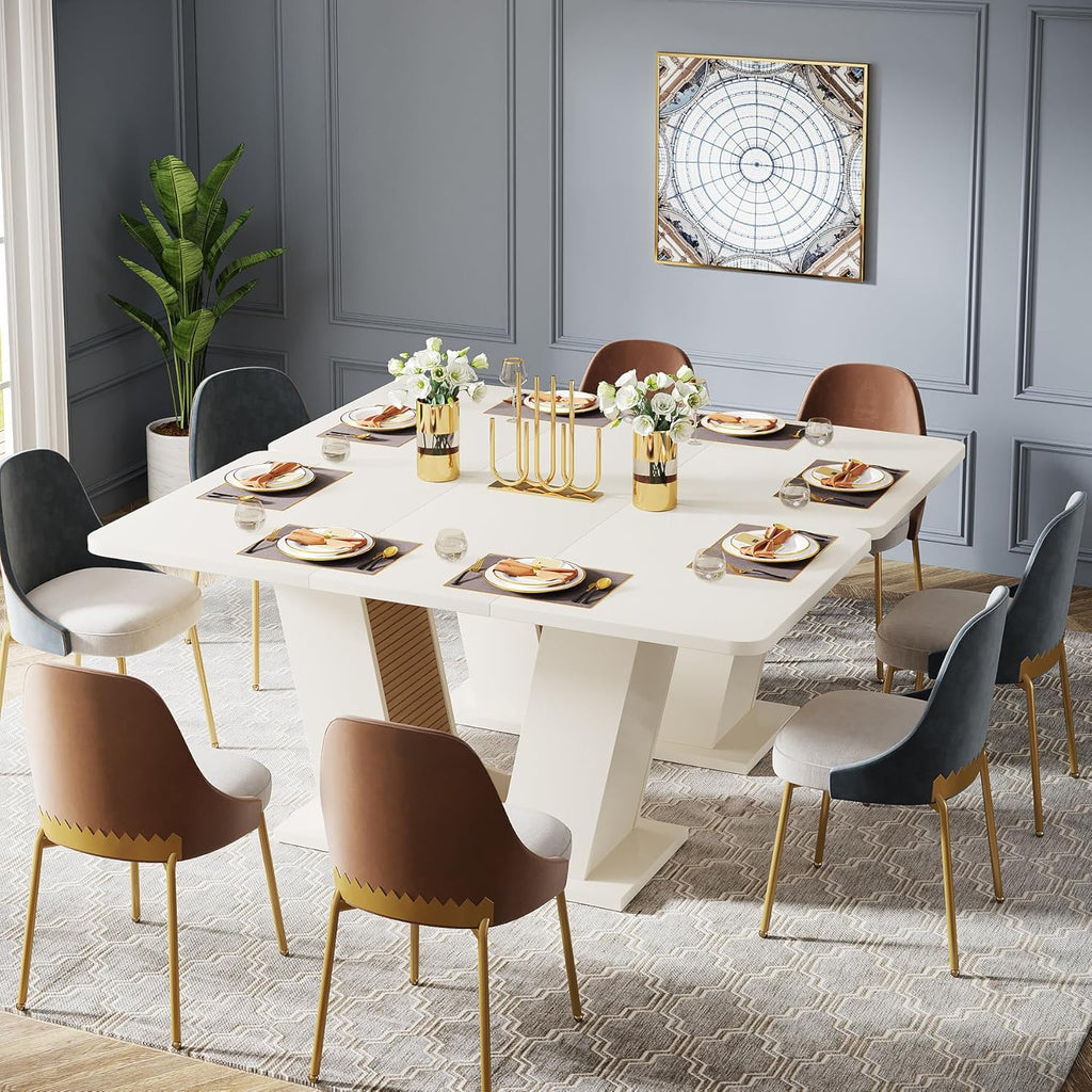 55-Inch Rectangular Dining Table with U-Shaped Base, Cream White