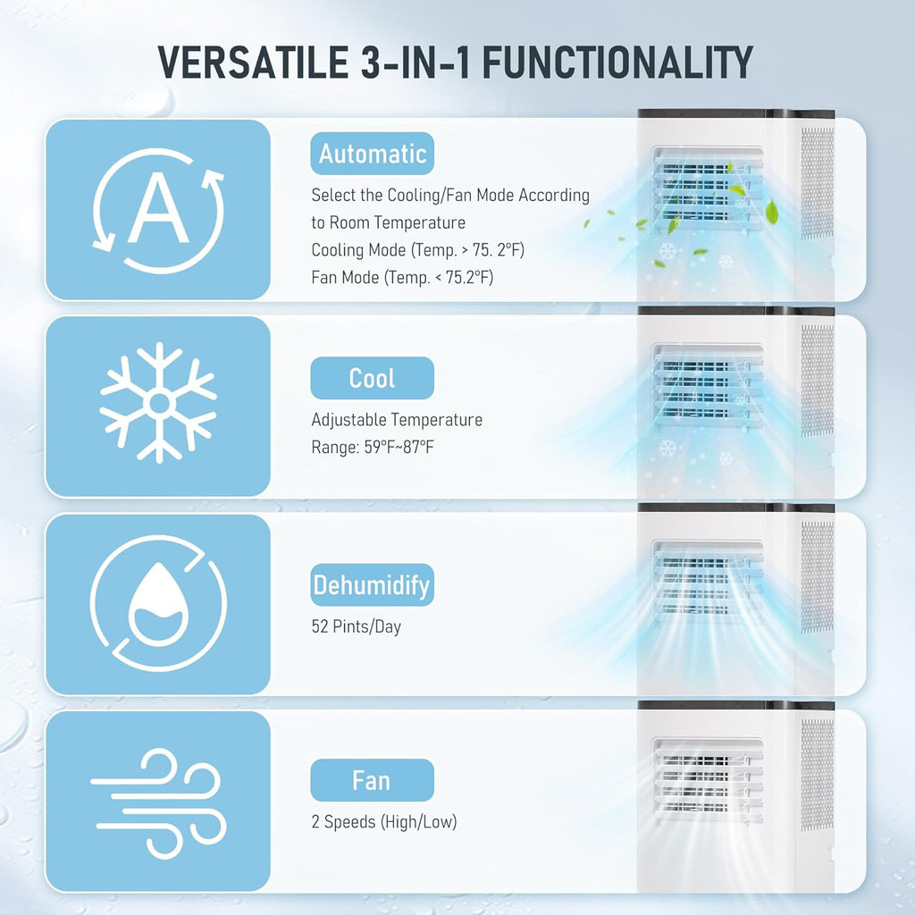 10,000 BTU Portable Air Conditioner, Dehumidifier and Fan with Window Kit
