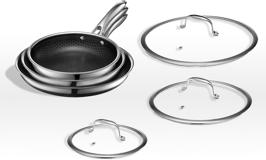 Hybrid Nonstick 6-PIECE Fry Pan Set, 8, 10, and 12-INCH Frying Pans with Tempered Glass Lids, Stay-cool Handles, Dishwasher-friendly,…