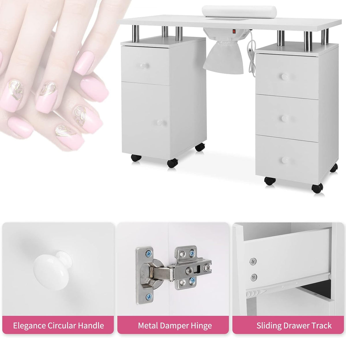Manicure Table with Electric Dust Collector and Lockable Wheels, White