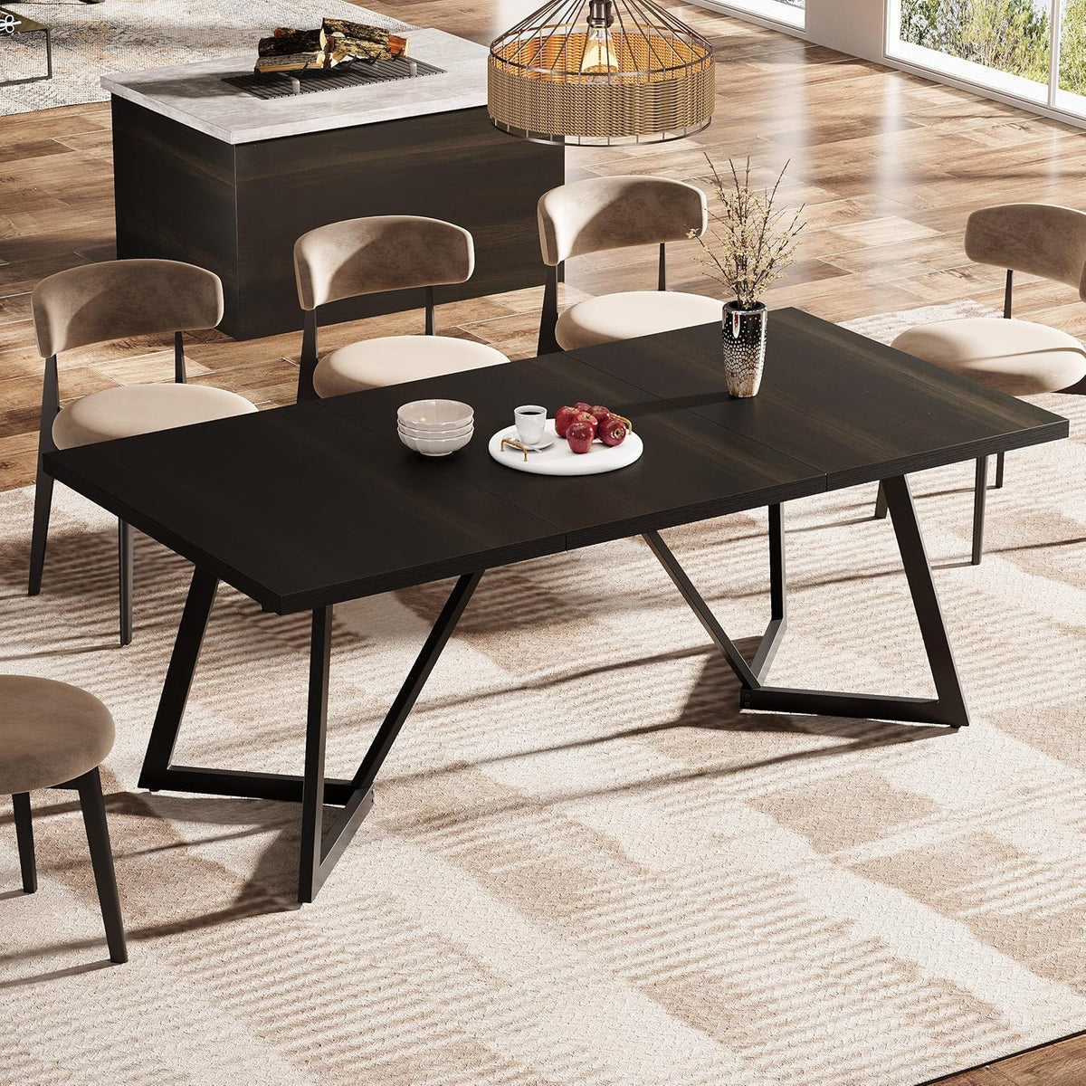 70.86-Inch Rectangular Dining Table with Metal Frame, Black