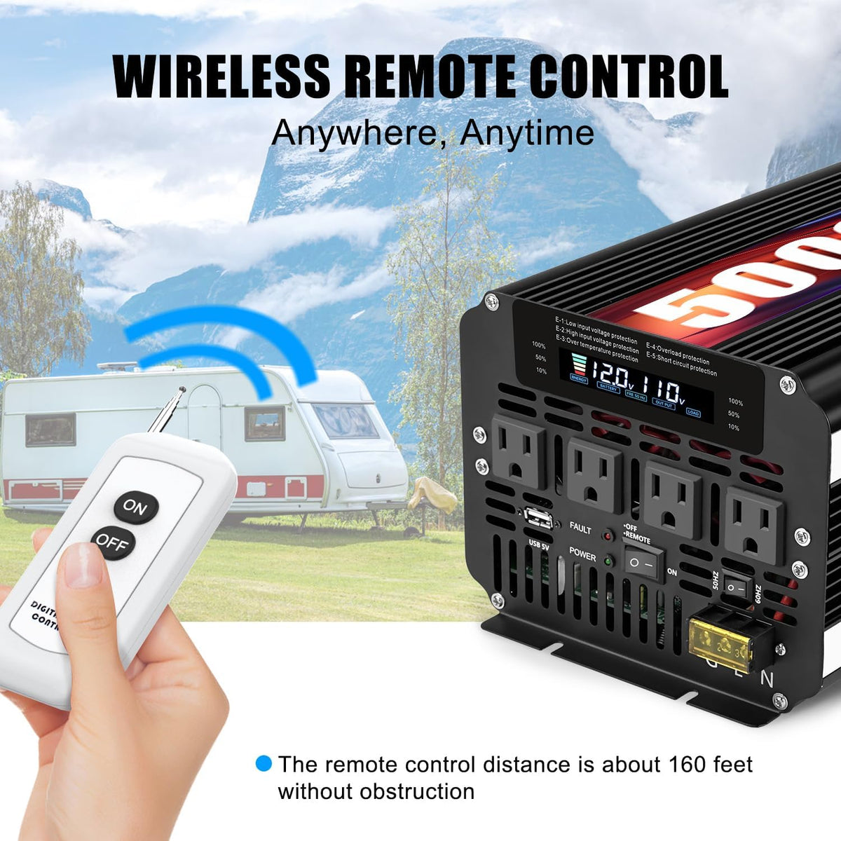 5,000W Power Inverter, 12V DC to 110V/120V AC, with LCD Display