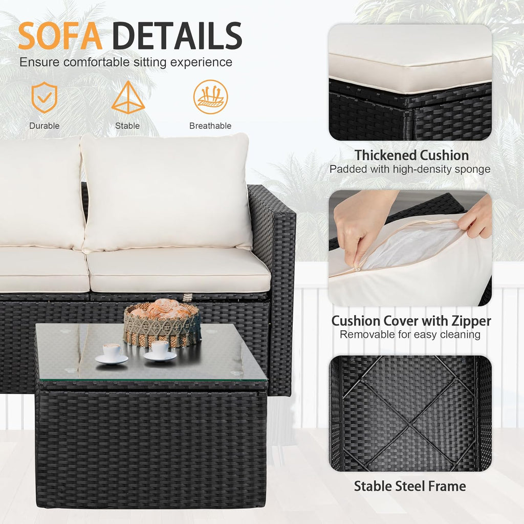 3-Piece Outdoor Wicker Patio Set with Glass Coffee Table, Beige