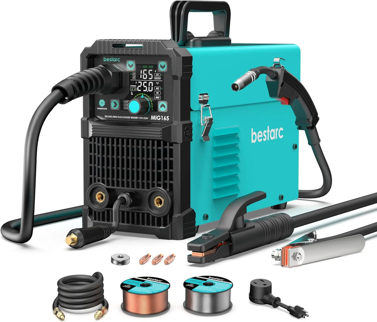 145A Mig Welder, 110V/220V Dual Voltage Gas/gasless Flux Core Mig Welder/lift Tig/stick 3 in 1 Synergic 9GEN Welding Machine, Flux/solid…