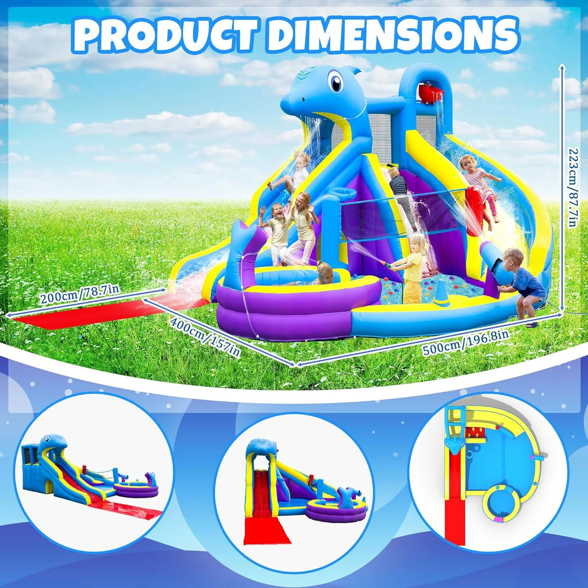 11-IN-1 Inflatable Water Slide & Dolphin Bounce House W/2 Long Slides, 19.7 ft X 13.1 ft Extra Large Waterslide Climbing Wall W/small Deeper…