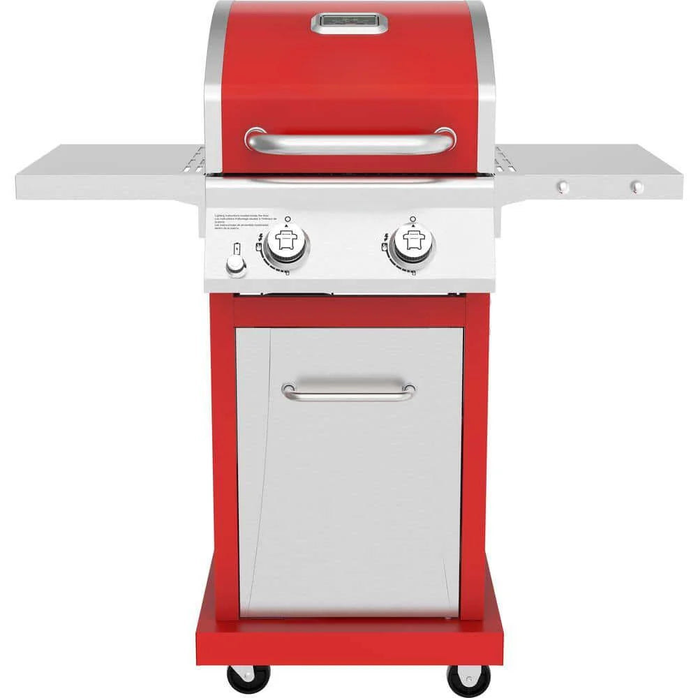 2-BURNER Propane Gas Grill, Red Stainless Steel, 28,000 Btus, Compact Design